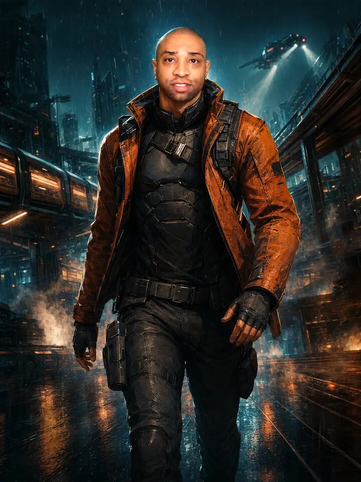 Man transformed into a cinematic action hero