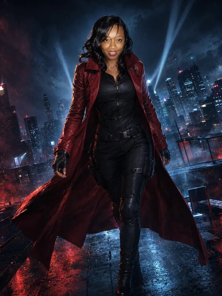 Woman transformed into a cinematic action hero