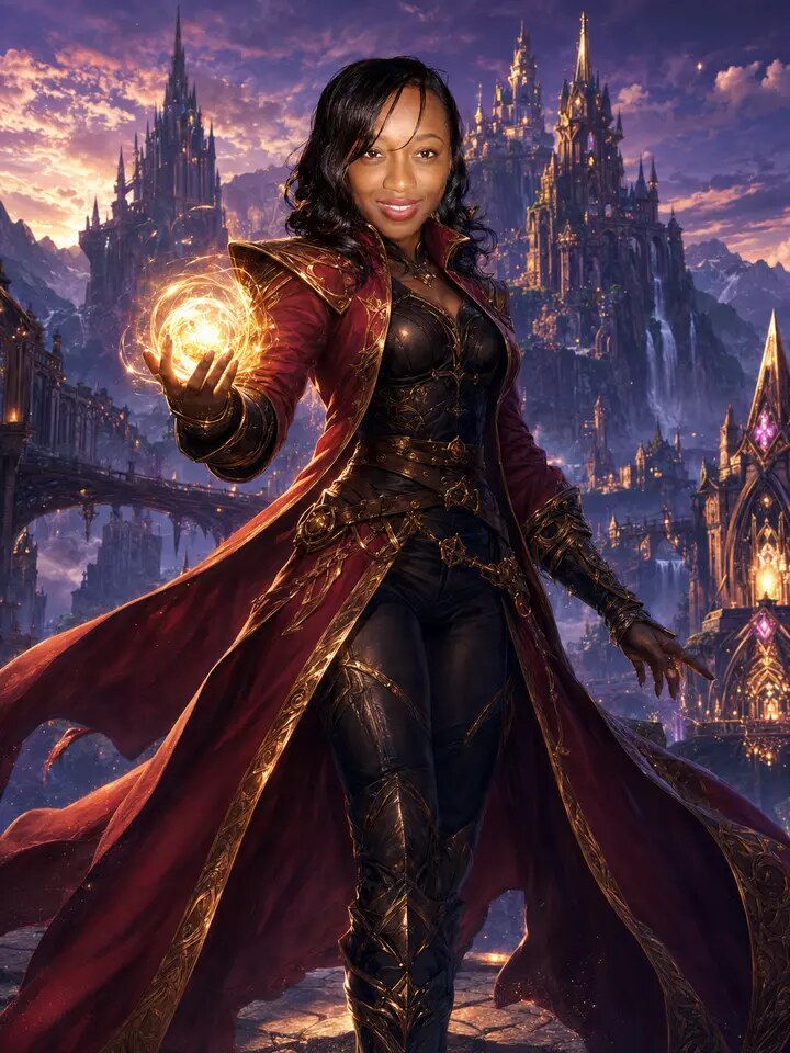 Woman transformed into an epic fantasy hero