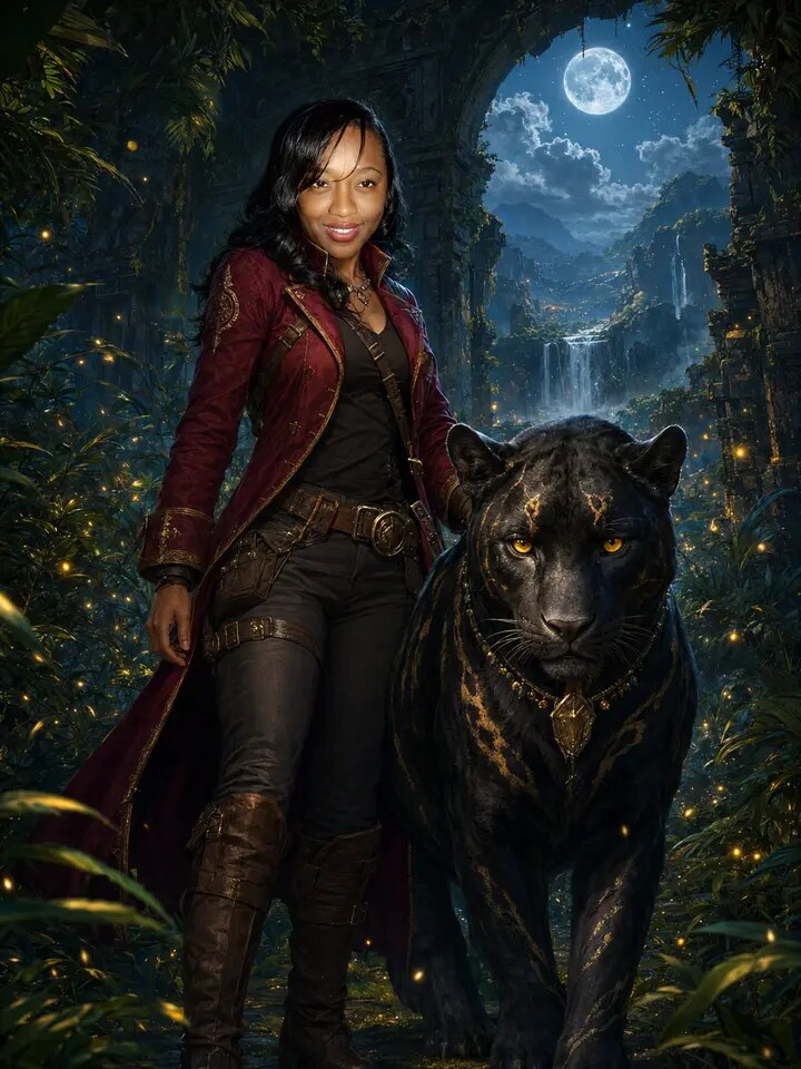 Woman and panther transformed into fantasy champions